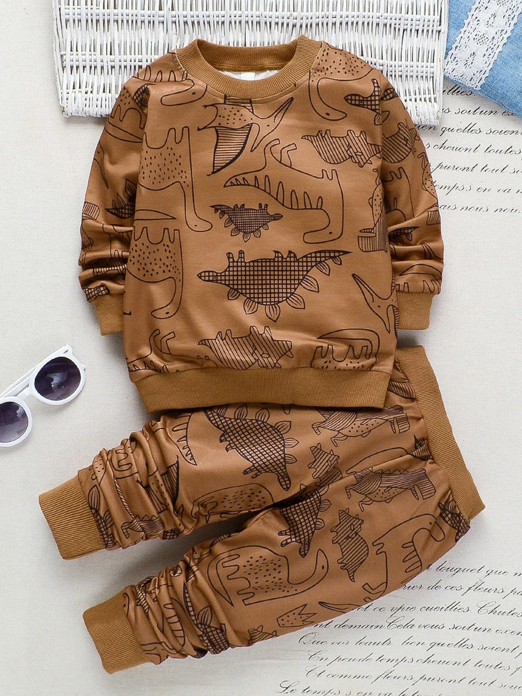 Brown Dinosaur Printed Winter Kids Suit
