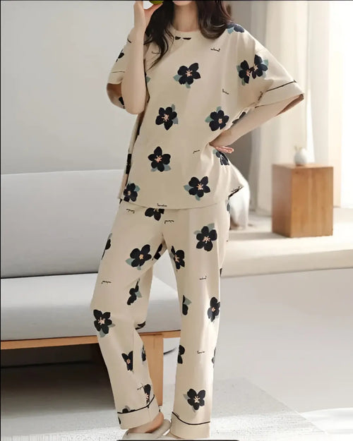 Beige Floral Printed Night Suit