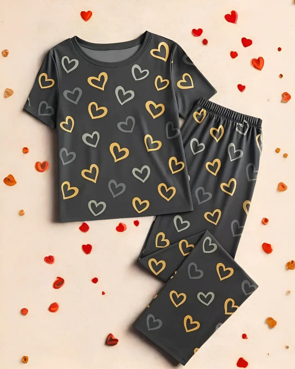 Grey Multi Heart printed Night Suit