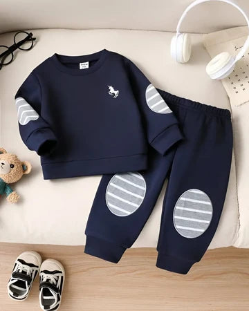Navy Blue Horse Printed Winter Kid's Suit