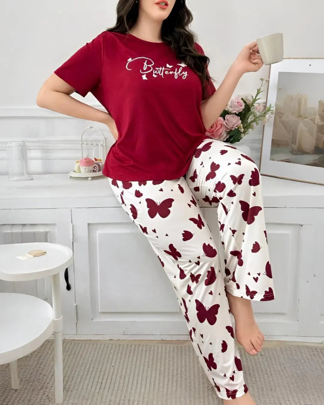 Red Butterfly Printed Night Suit