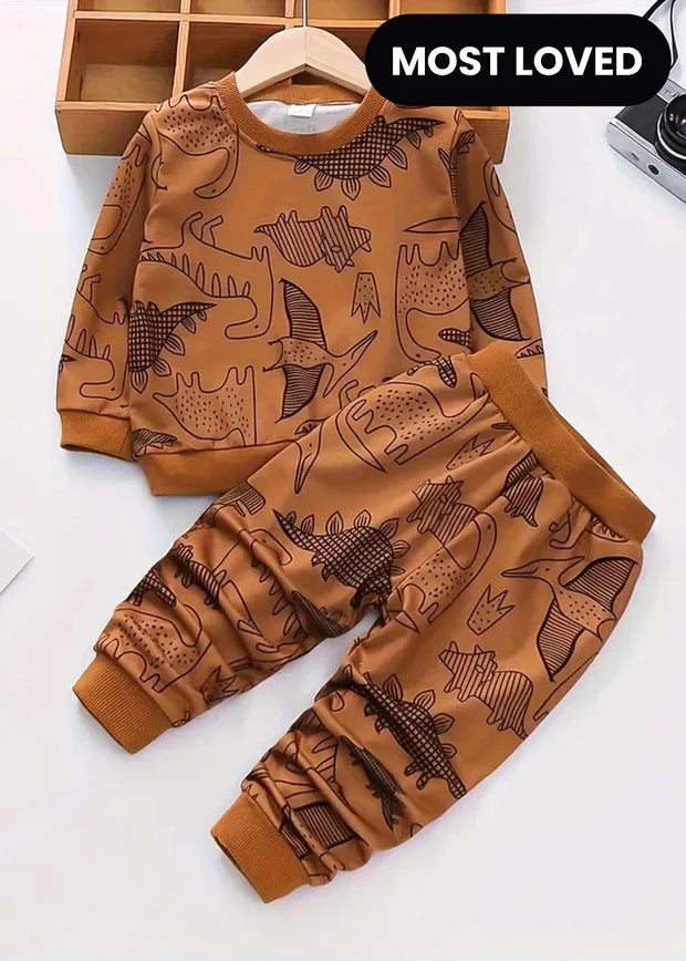 Brown Dinosaur Printed Winter Kids Suit