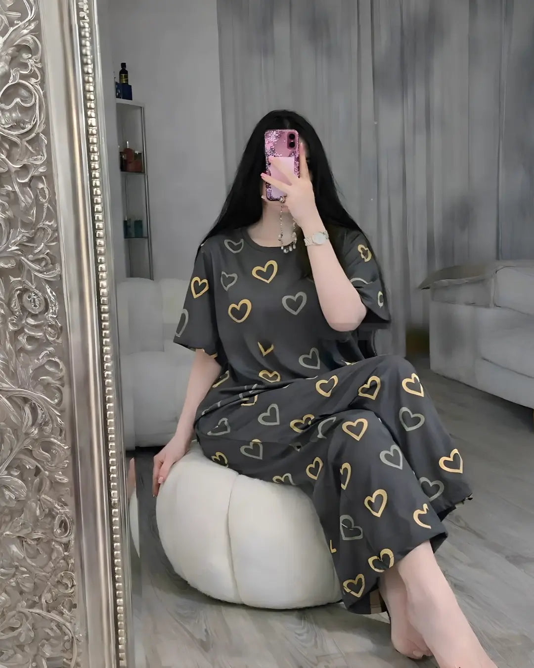 Grey Multi Heart printed Night Suit