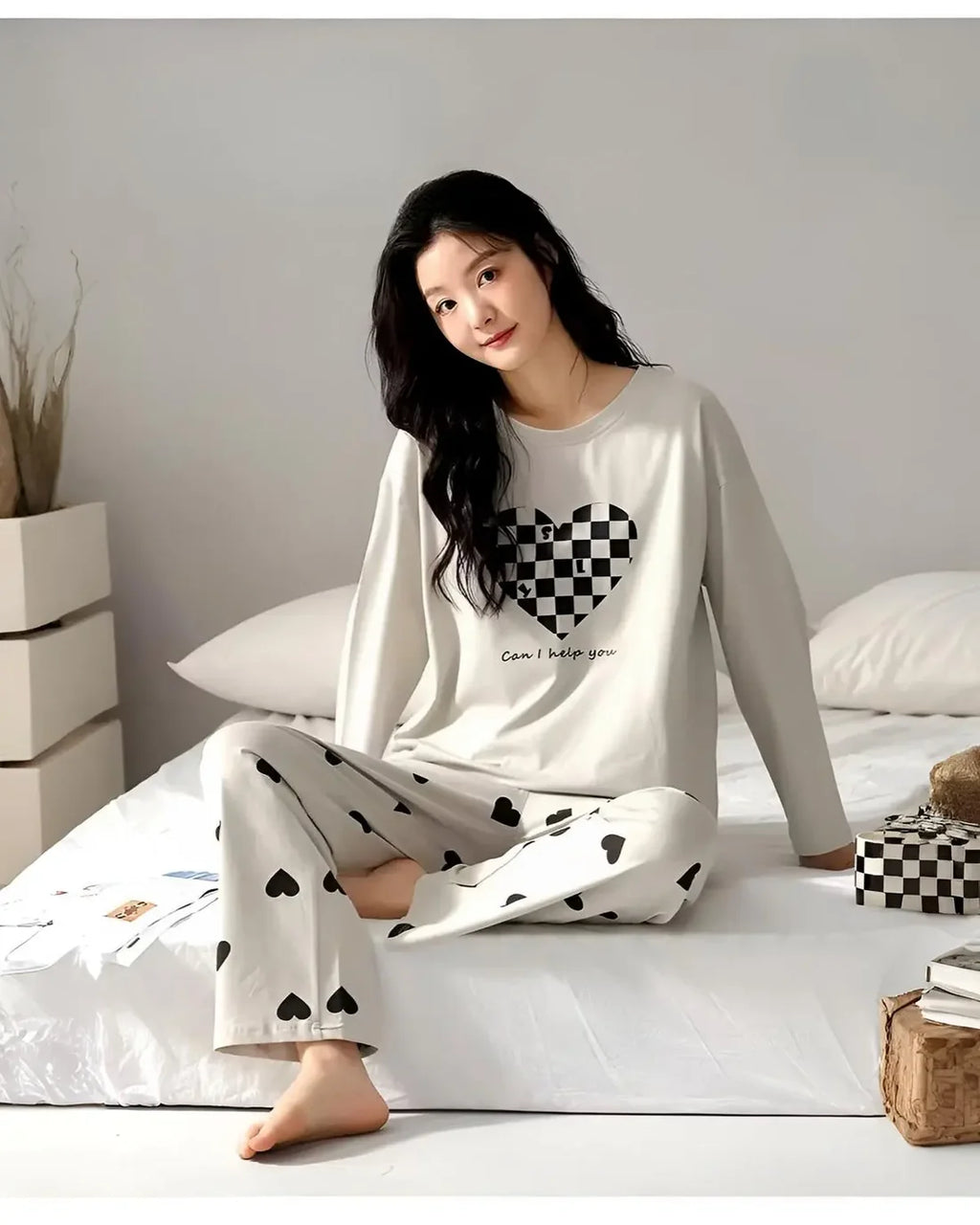 Beige Heart Printed Night Suit