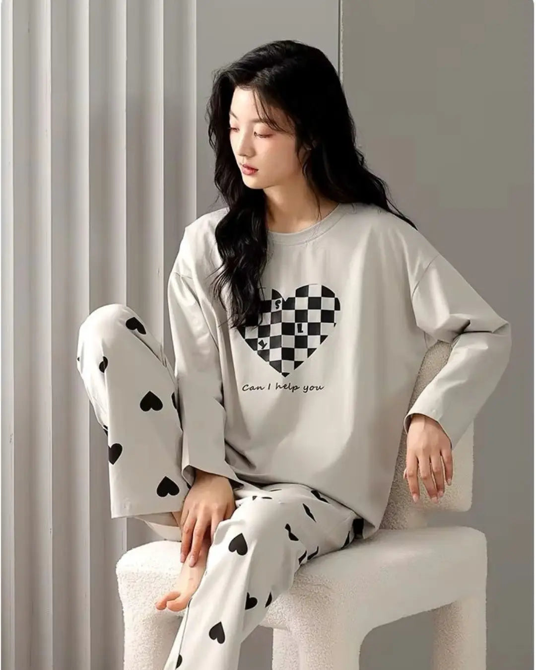 Beige Heart Printed Night Suit