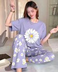 White Flower Printed Night Suit